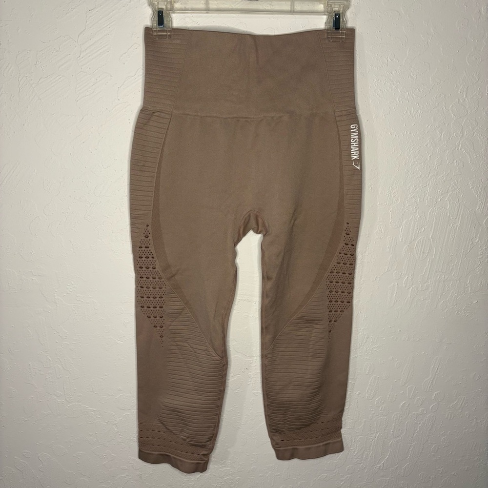 Gymshark Leggings Womens Medium Tan Beige Cropped Stretch Gym Yoga Pants Eyelet